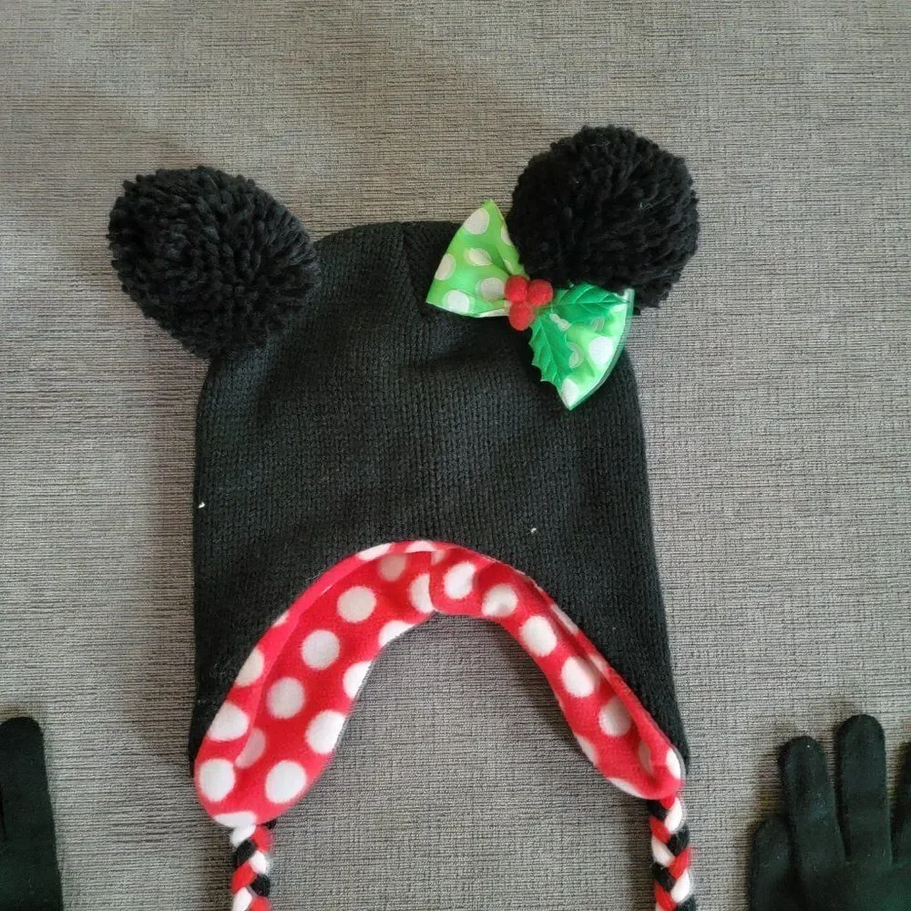 Disney Kid's Girl Red & Black Christmas Cold Weather Minnie Mouse Hat & …